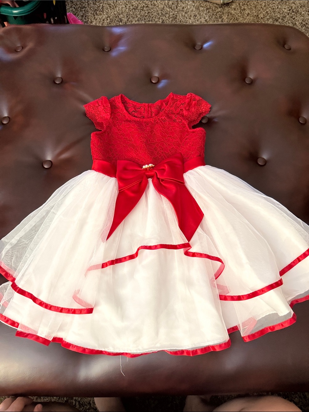 Rare Editions Red and White Lace Tulle Dress with Satin Bow